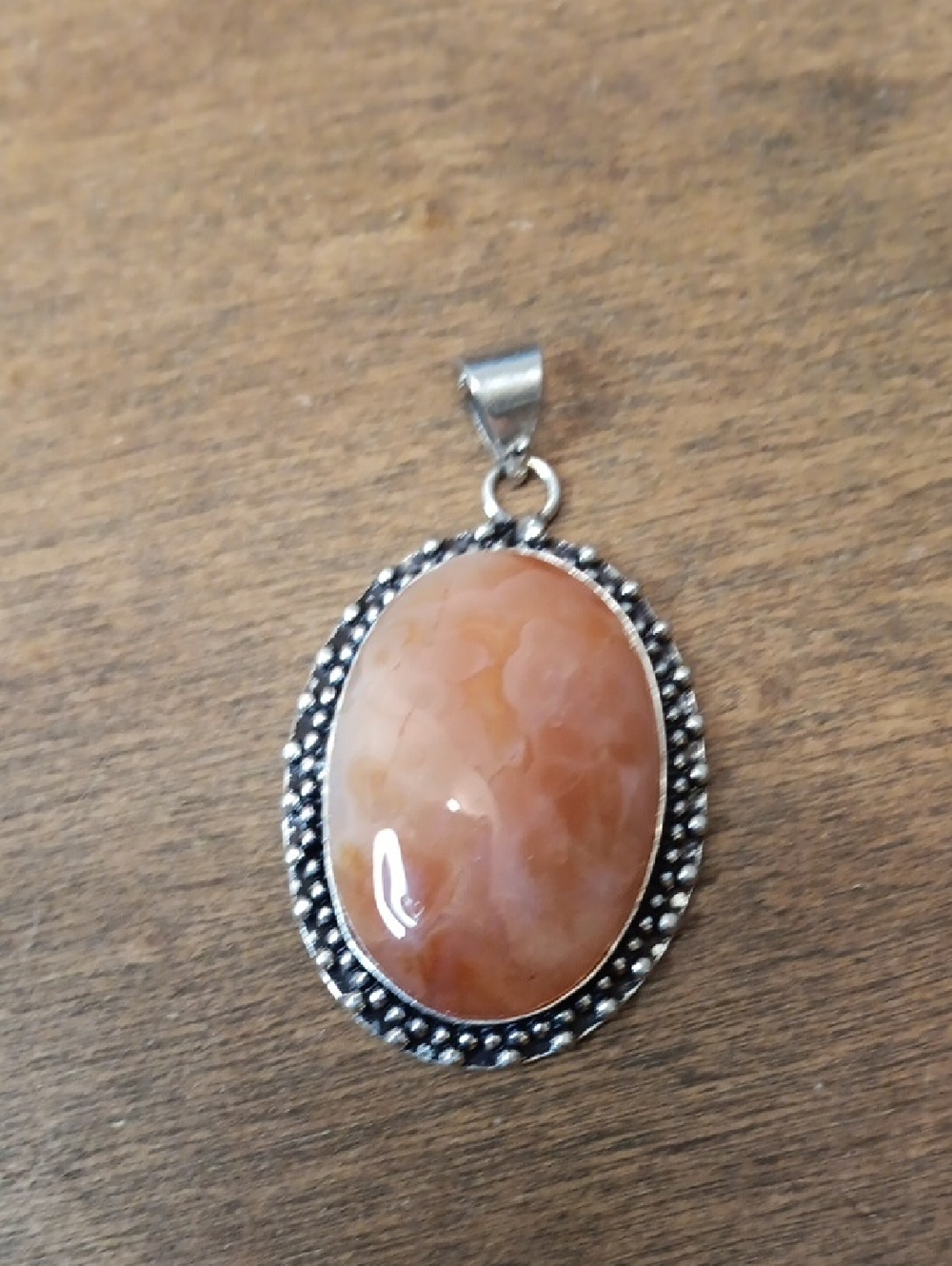 Silver-Tone Peach Agate Oval Pendant Necklace - Women Jewelry